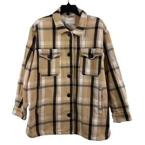 Lucky Brand Tan Plaid Button Up Shacket Large 100% Cotton Pockets Relaxed Fit